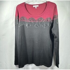 All‎ At Once Shirt Womens XL Gray Pink Colorblock Lace Trim Long Sleeve Top